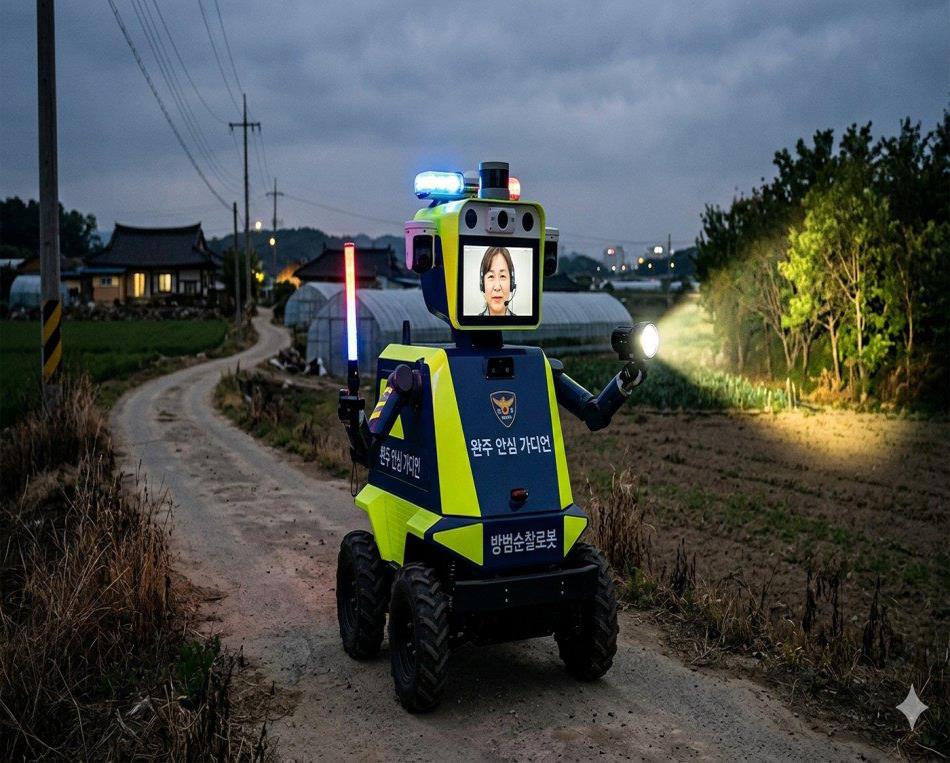 M-Guard mobile patrol robot operating on a rural road at dusk