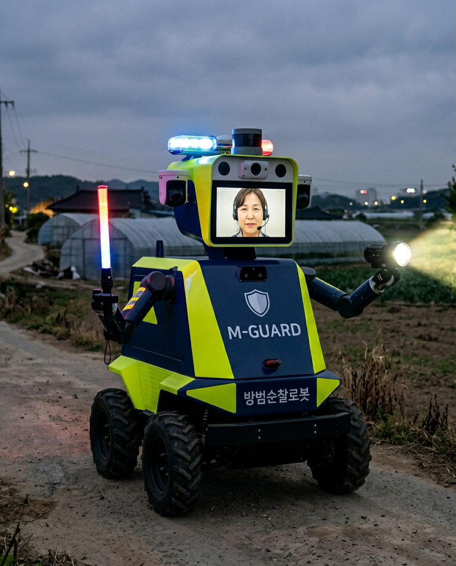 M-Guard mobile patrol robot operating on a rural road at dusk