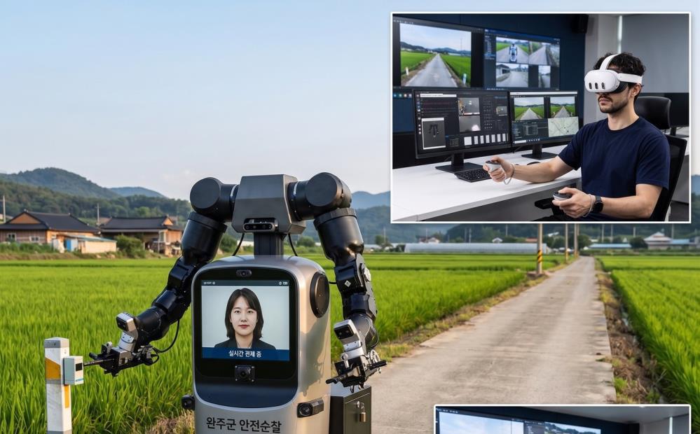 Operator controlling M-Guard dual-arm robot via VR headset